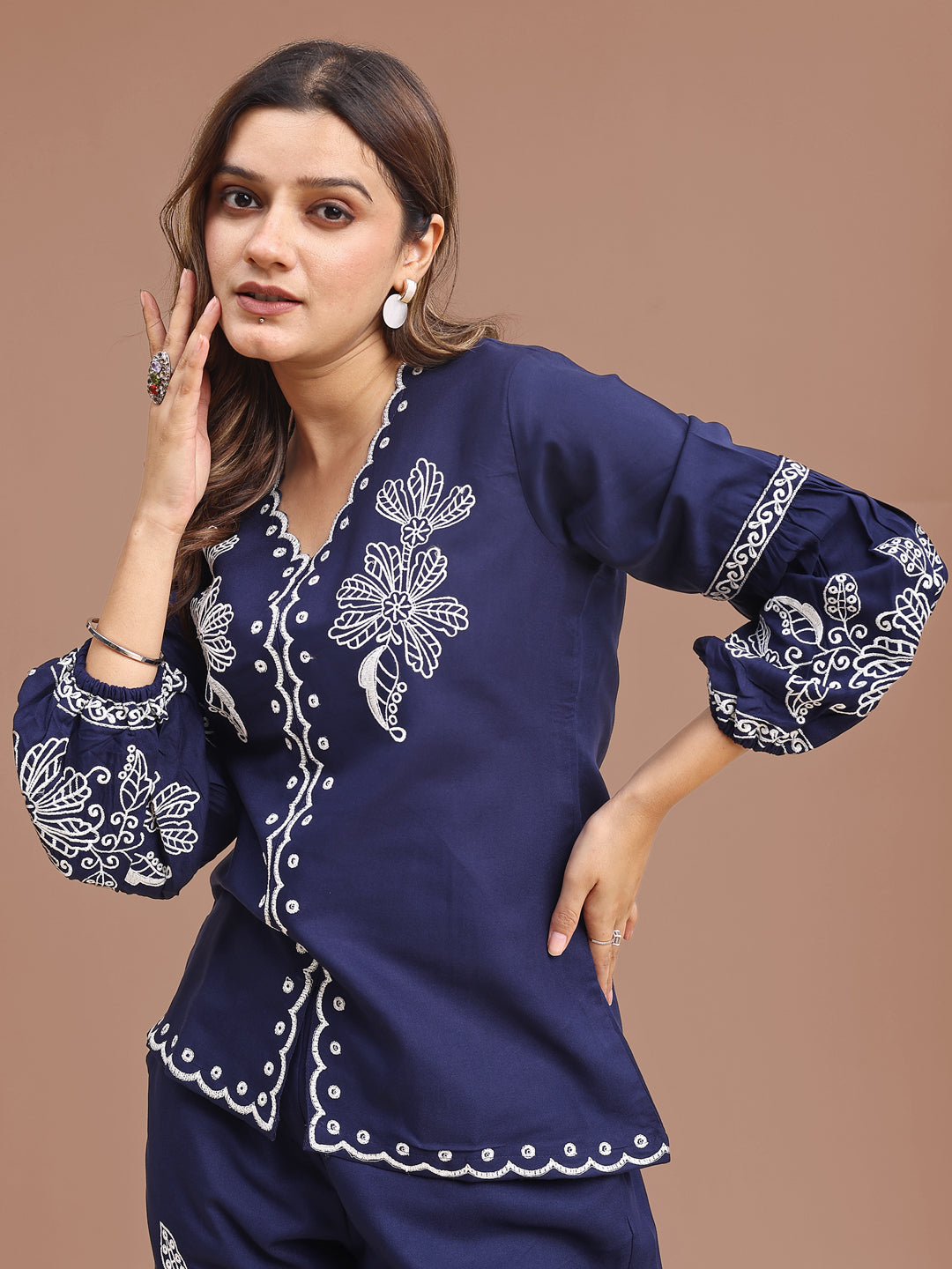 Blue Colored Rayon With White Thread Embroidered Tunic & Trouser Co-ord Set